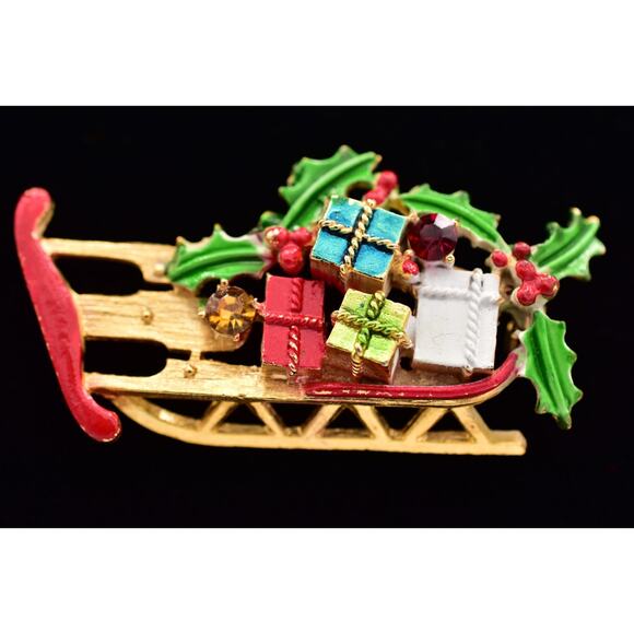 Weiss Vintage Christmas Sled Pin Brooch Enamel Gold Holiday Signed 1960s BinBP - Picture 1 of 12